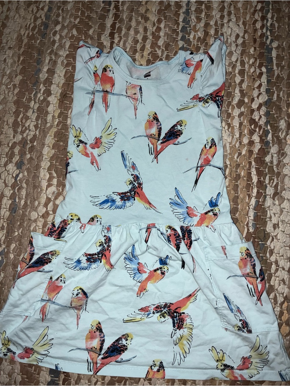 Tea Collection White Dress with Pink, Blue and Yellow Parrot Print